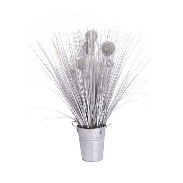 Artificial onion grass painted in silver color with tin pot