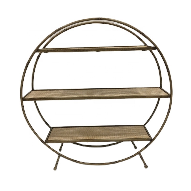 vintage decor rack 3 layers Round Metal frame And Rattan Storage Shelf holders With Stand
