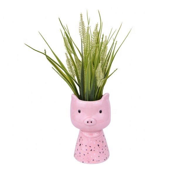 Pink pig face shaped ceramic pot with artificial flowers grass pots & planters for home decoration